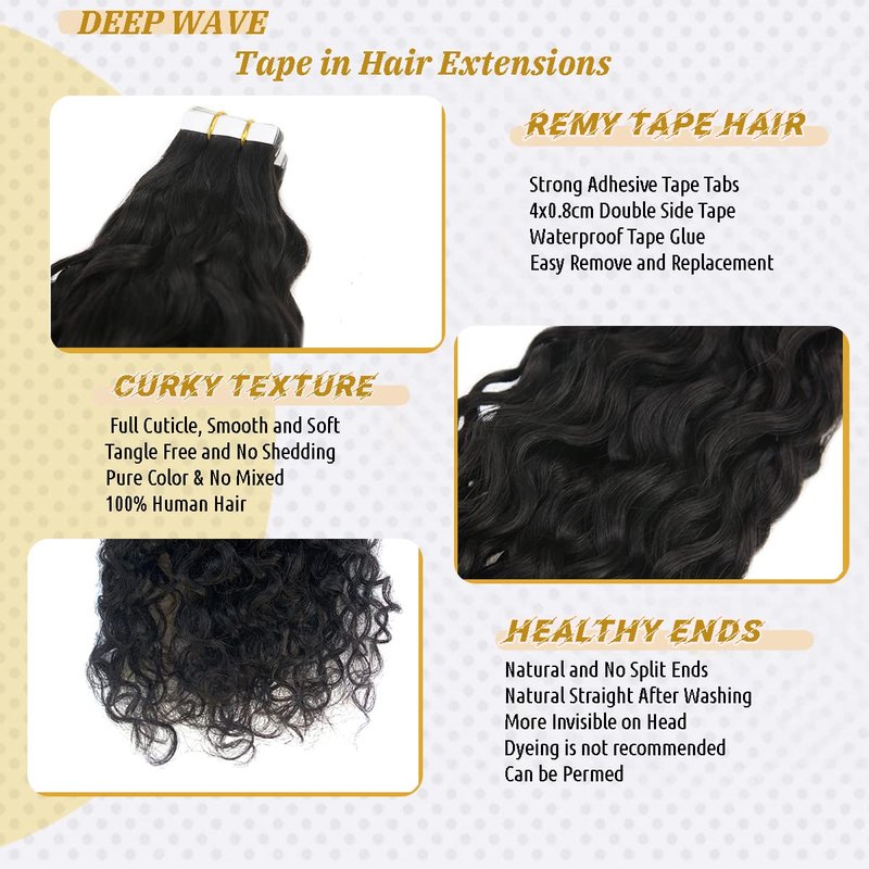 Water Wave Tape in Human Hair Extension for Black Women,9A Brazilian Human Hair Adhesive Tape in Hair Loose Wave Skin Weft Tape ins Human Hair Extension Full Ends 20PCS 50G(16inch #Natural Black)