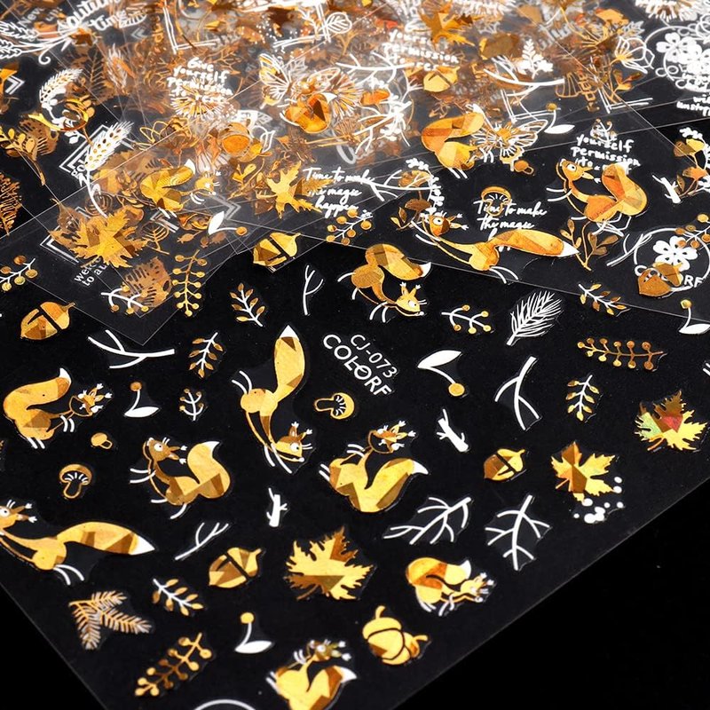 Autumn Leaves Nail Decals - 3D Self-Adhesive Fall Nail Art Stickers | White Laser Gold Maple Leaf Design, 9 Sheets
