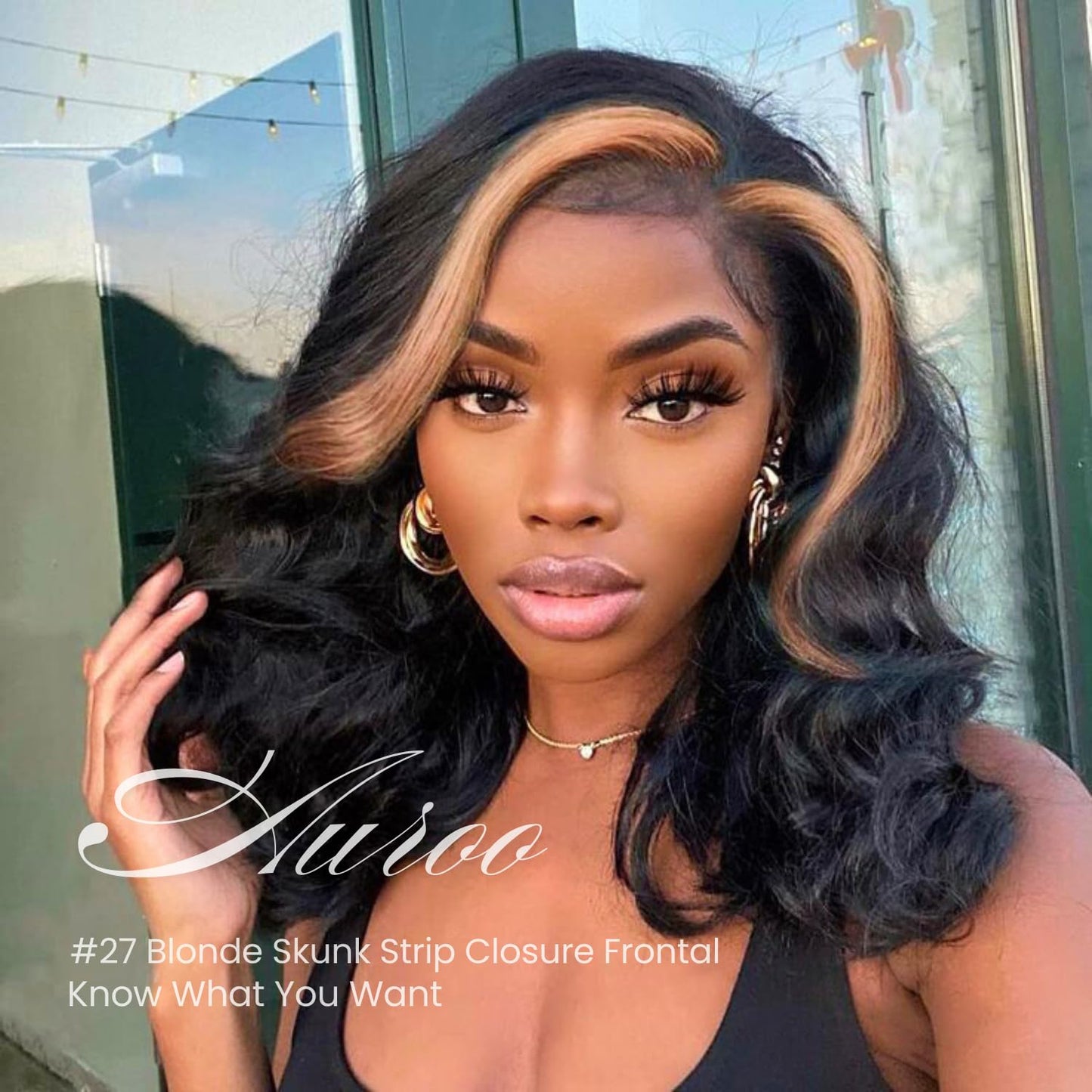 AUROO #27 Honey Blonde Highlight 4x4 Lace Closure Only Human Hair Body Wave 16 Inch, 12A 100% Virgin Hair Skunk Stripe HD Transparent Lace Closure Pre Plucked with Baby Hair Ombre Closure 150% Density