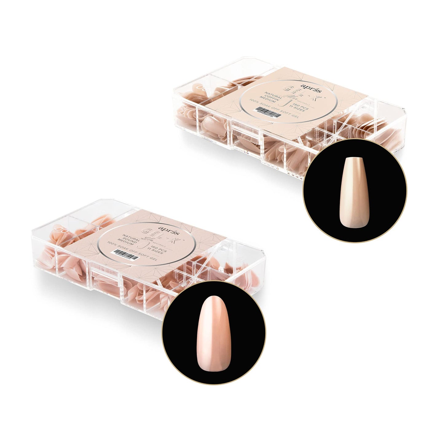 Apres Nail Neutrals Gel-X Alex Natural Coffin Medium & Lila Natural Round Medium Box of Tips Bundle | Includes 300 Gel-X Tips | Premium Quality | 11 Sizes 00-9