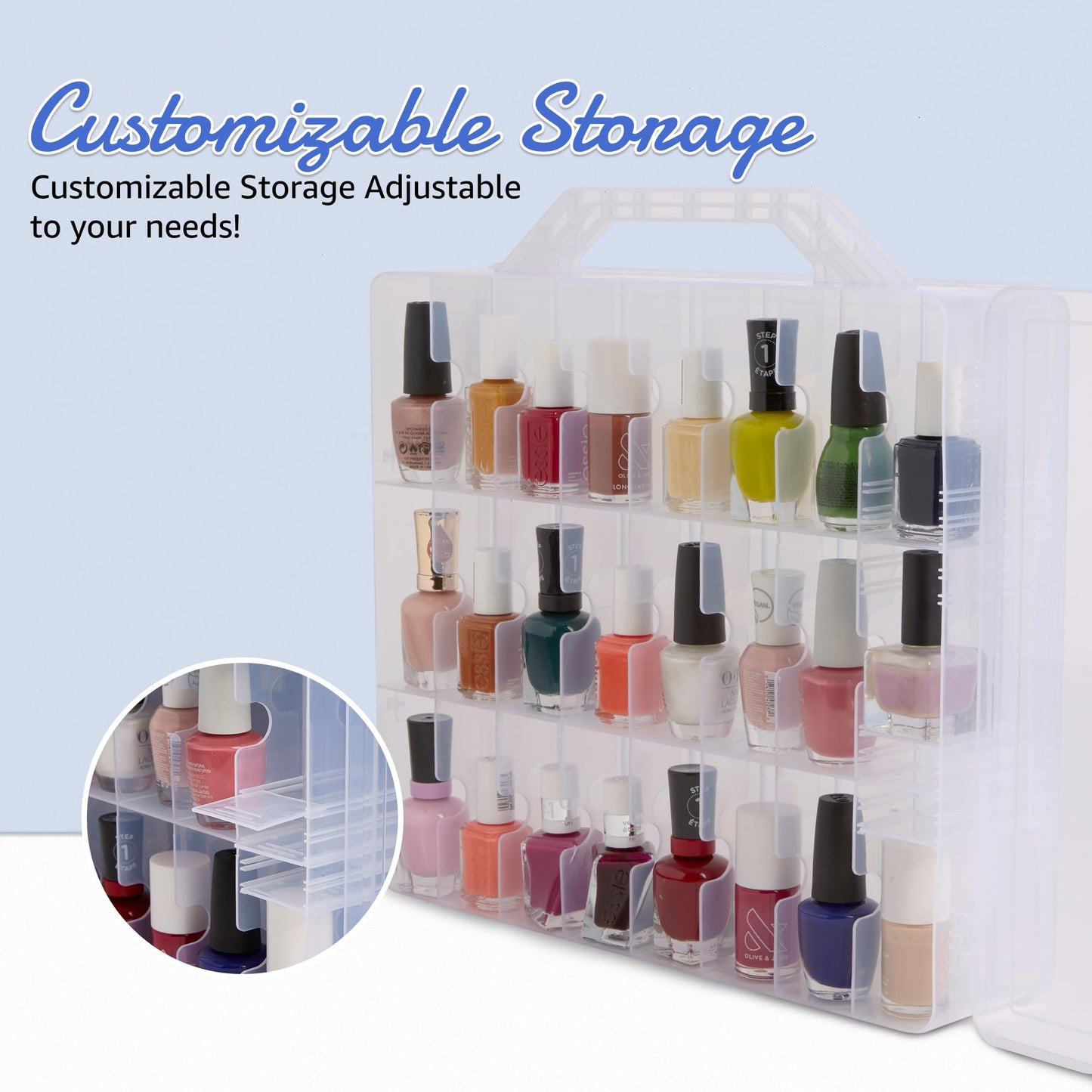 AISLE 3 ESSENTIALS Nail Polish Organizer for 48 Bottles, Clear Double Sided Nail Polish Storage Case with Adjustable Dividers, Portable Nail Supplies Organizer with Handle