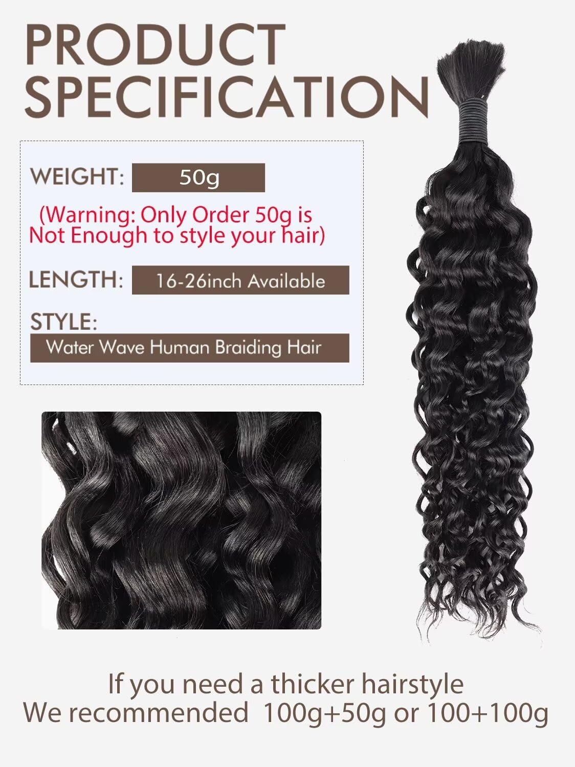 12A Human Braiding Hair - 24 Inch Water Wave for Boho Knotless Braids | 50g Unprocessed Brazilian Virgin Hair
