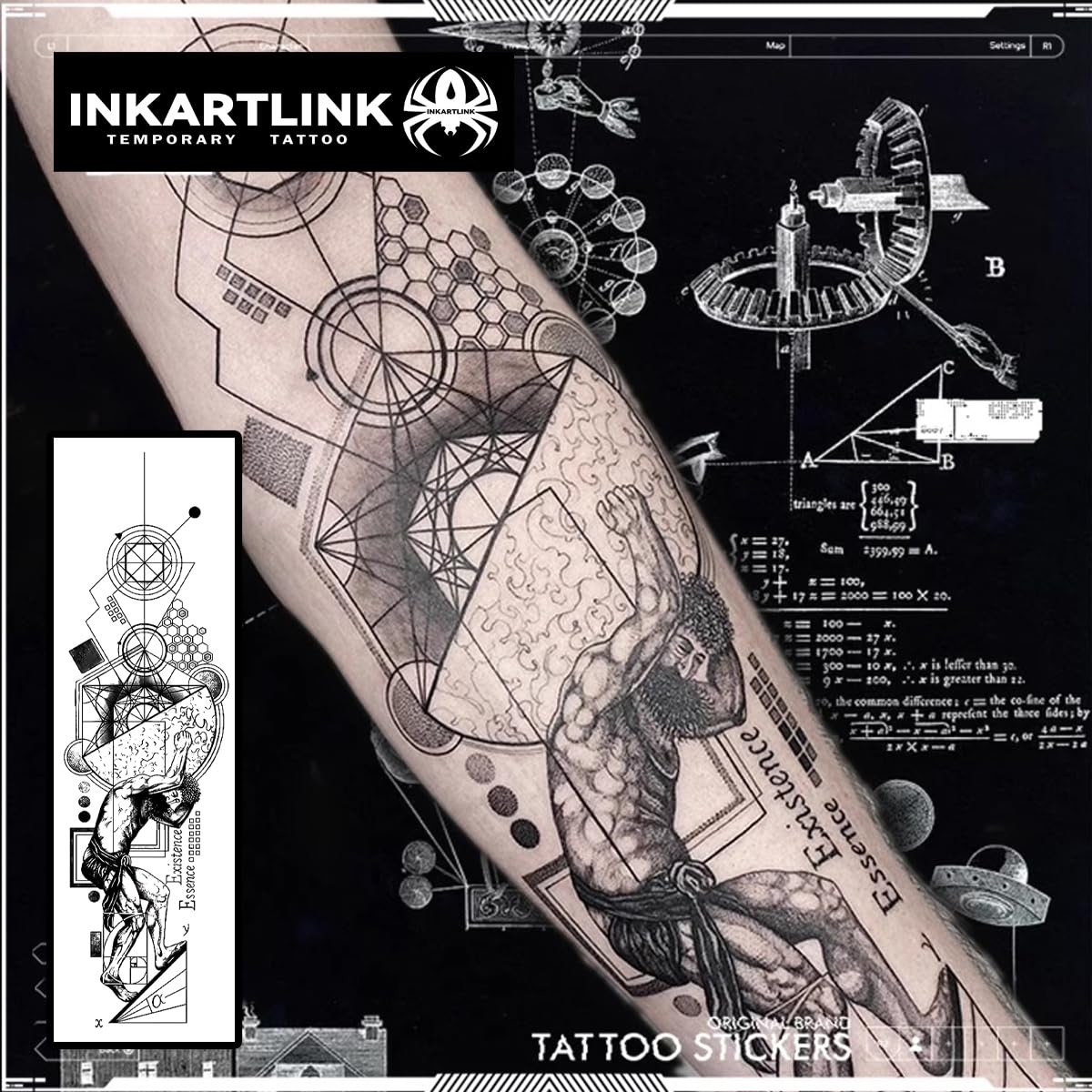 INKARTLINK Temporary Tattoos, Semi Permanent Tattoo Adult Art Design Waterproof Temp Tattoo Stickers Realistic Look, No Adhesive, Lasts 1-2 Weeks (Atlas)