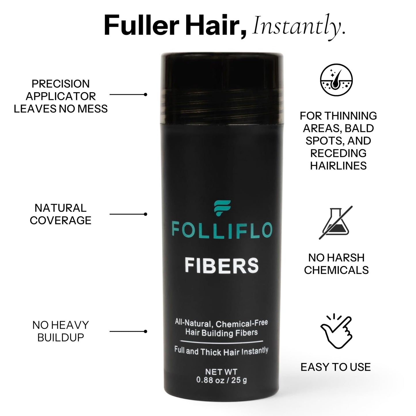 Folliflo Hair Fibers for Thinning Hair Concealment – Instant Fiber Spray & Filler Powder for Fuller-Looking Hair (Black)