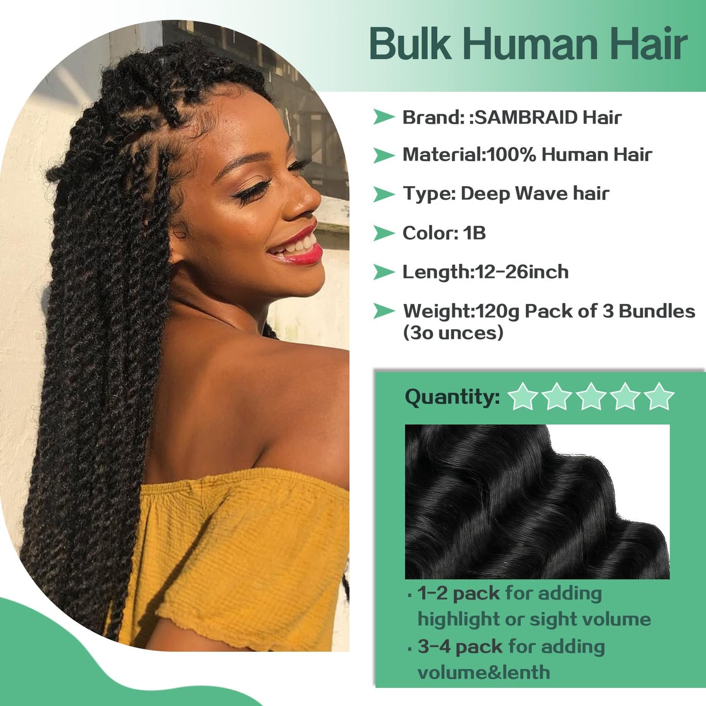 Human Braiding Hair for Boho Braids 120g 3 Bundles Deep Wave Curly Bulk Human Hair for Braiding Knotless Bohemian Natural Color (1B, 26 Inch)