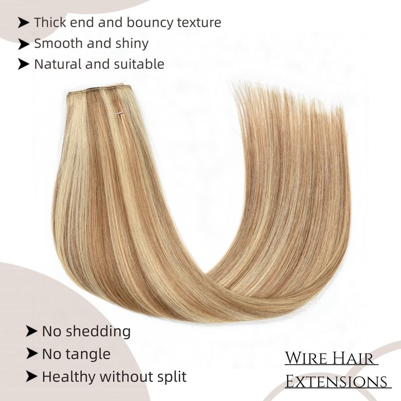 Human Hair Extensions Wire Hair Ash Brown with Blonde Straight Wire Hair Extensions Real Human Hair Hairpieces with Invisible Fish Line 14 Inch 80g for Women #8/613