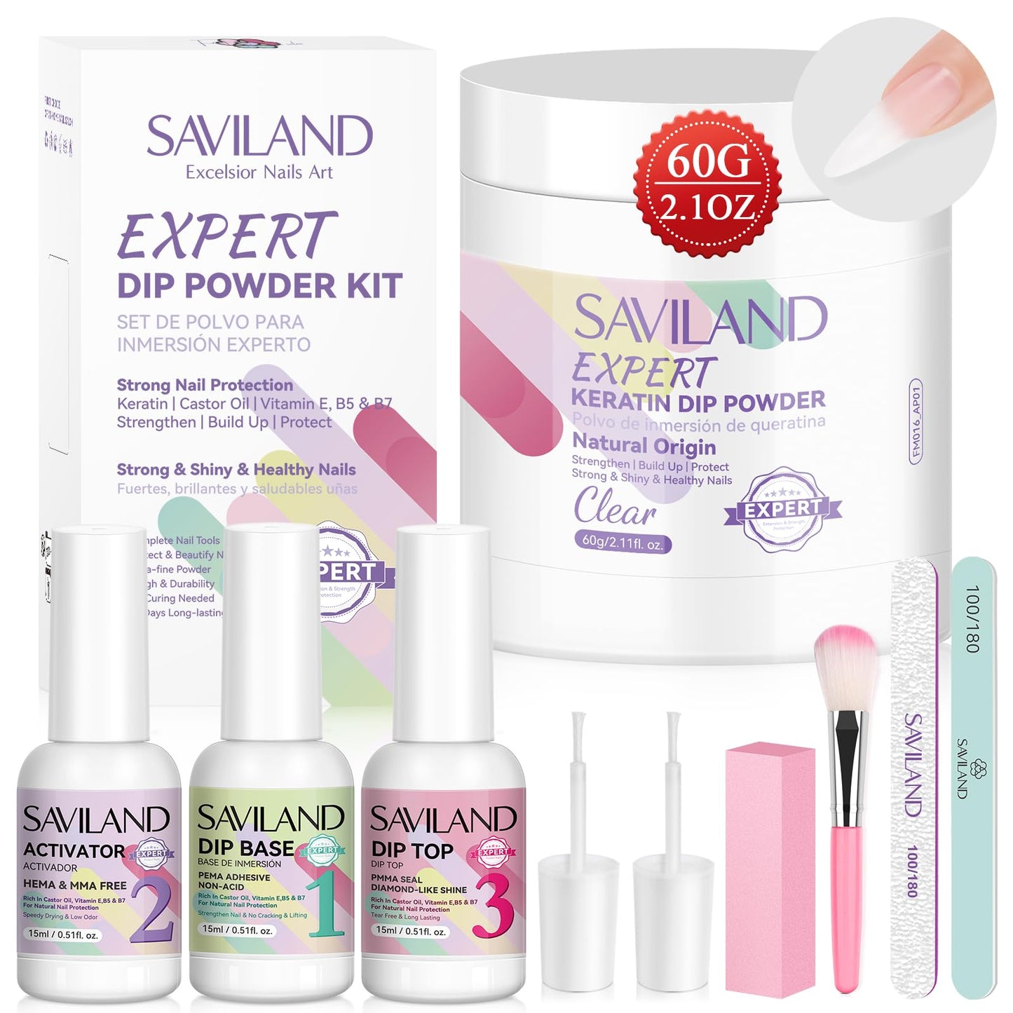 SAVILAND Dip Powder Base: Vitamin E Ultra Adhesive Dip Foundation Coat for Refill and Clear Dip Powder Nail Kit Starter: 60g 2.1oz Dip Powder for Nails with Dipping Powder Liquid Set