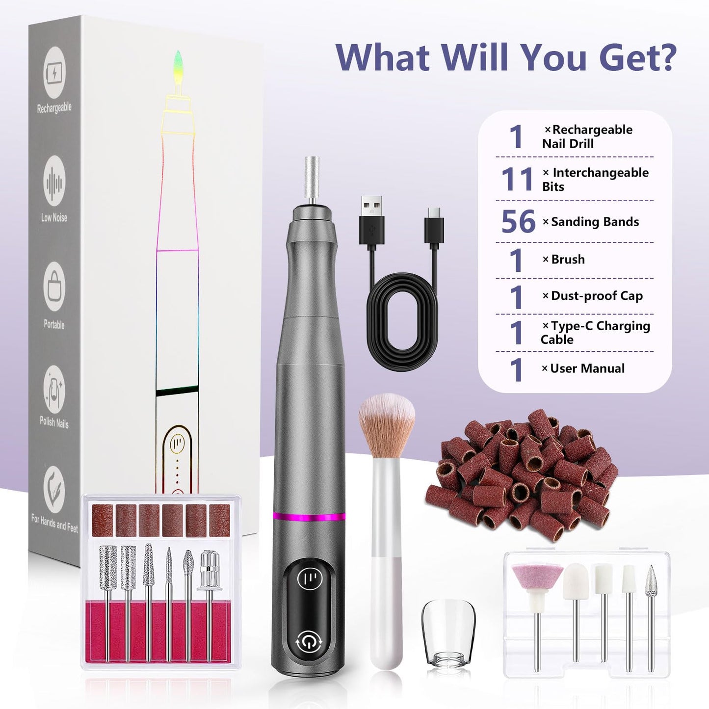 TUOBEO Cordless Nail Drill, Rechargeable Electric Nail File, 11 Bits