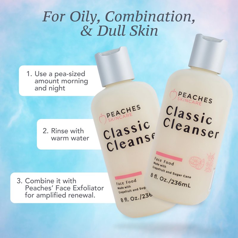 Peaches Skincare Hydrating Facial Cleanser – Vegan Face Wash with Grapefruit, Sugar Cane, and Gotu Kola – Lightly Exfoliating Daily Formula for All Skin Types – Classic Cleanser – 8 oz
