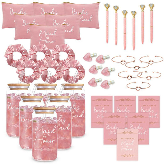KIKINIKO Bridesmaid Gifts Set of 6 Pink, Total 42 pcs, Bridesmaid Proposal Gifts Contain 16oz Glass Cups Cosmetic Makeup Bags Invited Cards Scrunchies Hair Knotted Bracelets Diamond Pens love clip