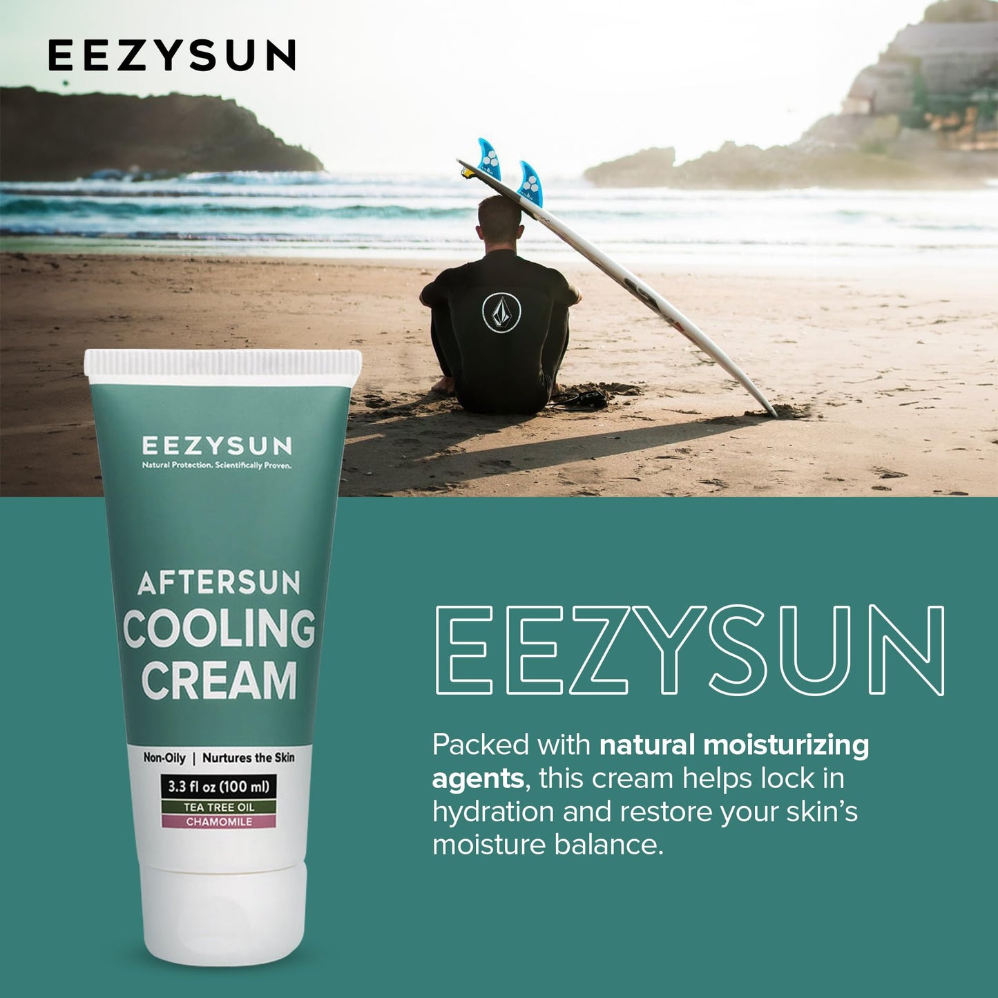 EEZYSUN AfterSun Cooling Cream - Vegan After Sun Lotion with Aloe Vera, Tea Tree Oil, Chamomile - Soothes, Hydrates Sunburn - Outdoor, Vacation, Beach Essentials, After Sun Skin Care - 3.3 fl oz
