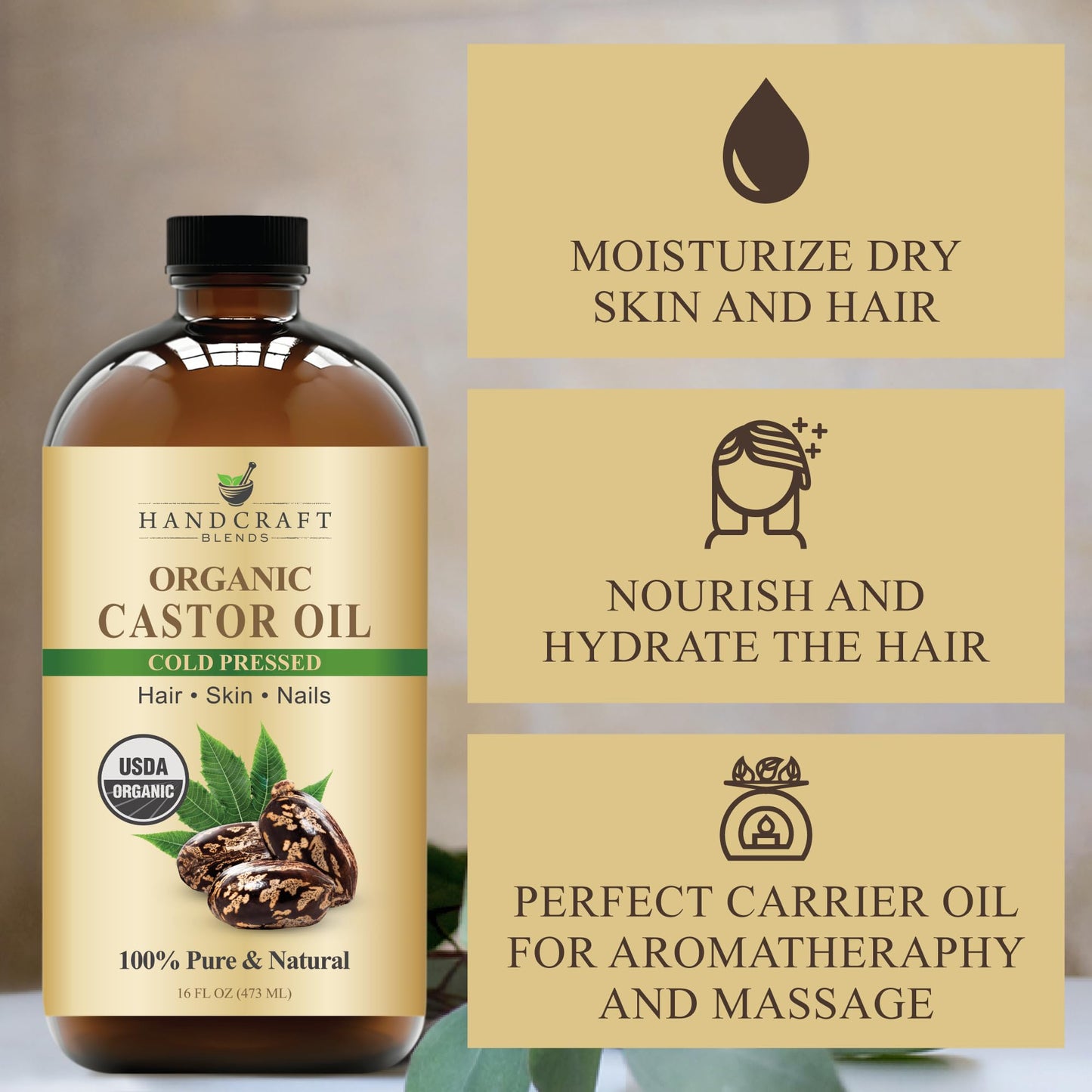 Handcraft Blends Cold-Pressed Organic Castor Oil 16 Fl Oz | Glass Bottle | 100% Pure and Natural | Premium Grade Carrier Oil | Hair, Eyelashes and Eyebrows | Hair and Body