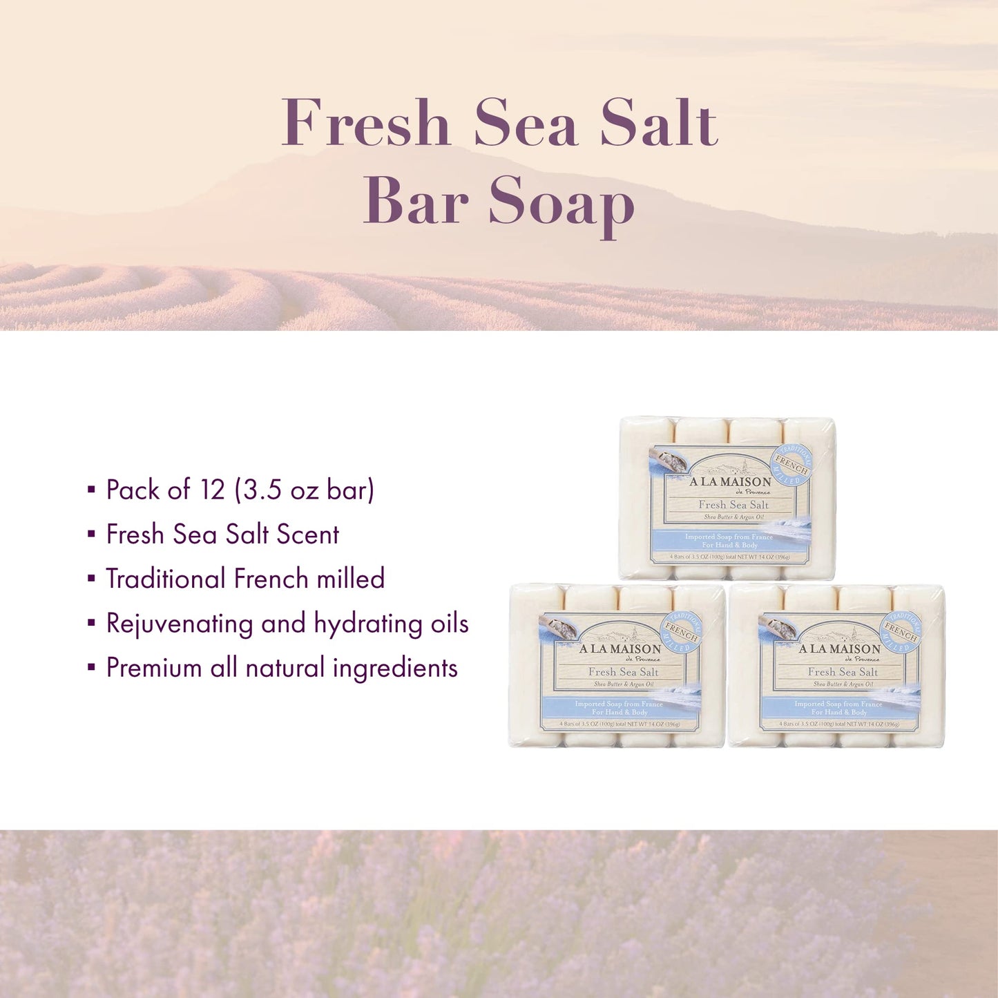 A LA MAISON Fresh Sea Salt Bar Soap - Triple French Milled Natural Moisturizing Hand Soap Bar (12 Bars of Soap, 3.5 oz)