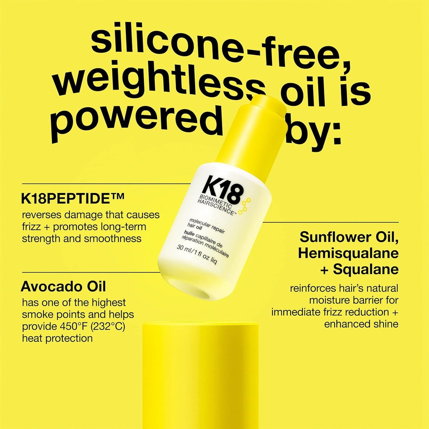K18 Molecular Repair Hair Oil - Strengthening Peptide Damaged Hair Treatment Oil - 24-Hour Frizz Control + Heat Protectant - Helps Reduce Split Ends + Boost Shine (1 Fl oz)