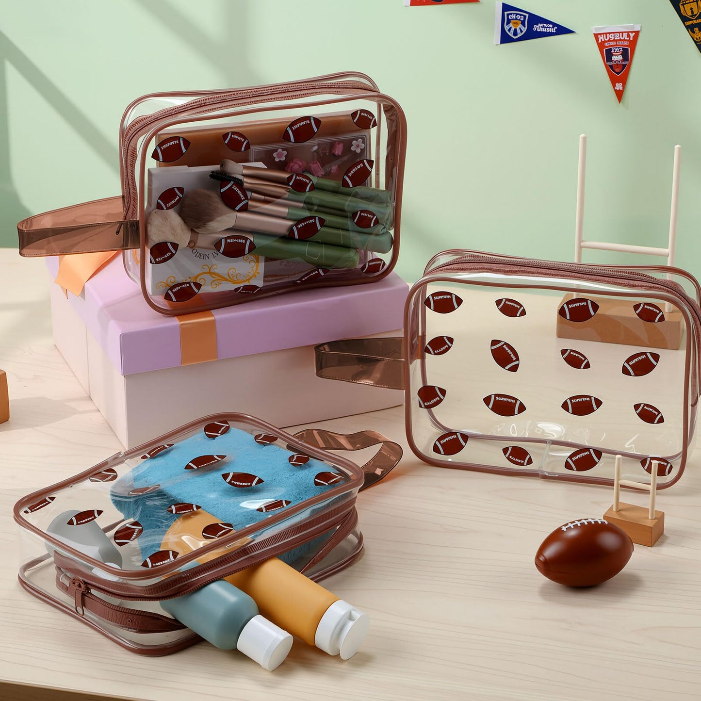 SilTriangle 24 Pcs Football Clear Makeup Bag with Zipper Bulk Sport Goodie Clear PVC Pouch Organizer Waterproof Travel Case for Woman Team Gifts Birthday Decorations Supplies