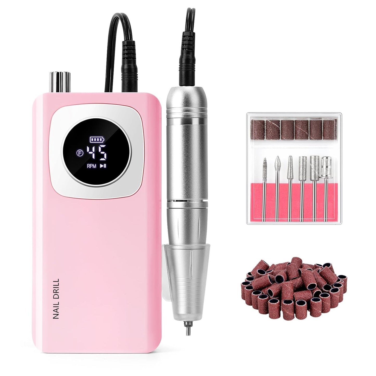Rechargeable Electric Nail File - 45000RPM Portable Efile Nail Drill Kit for Acrylic Gel Nails | Cordless Pink Nail Drill for Salon & Home Use