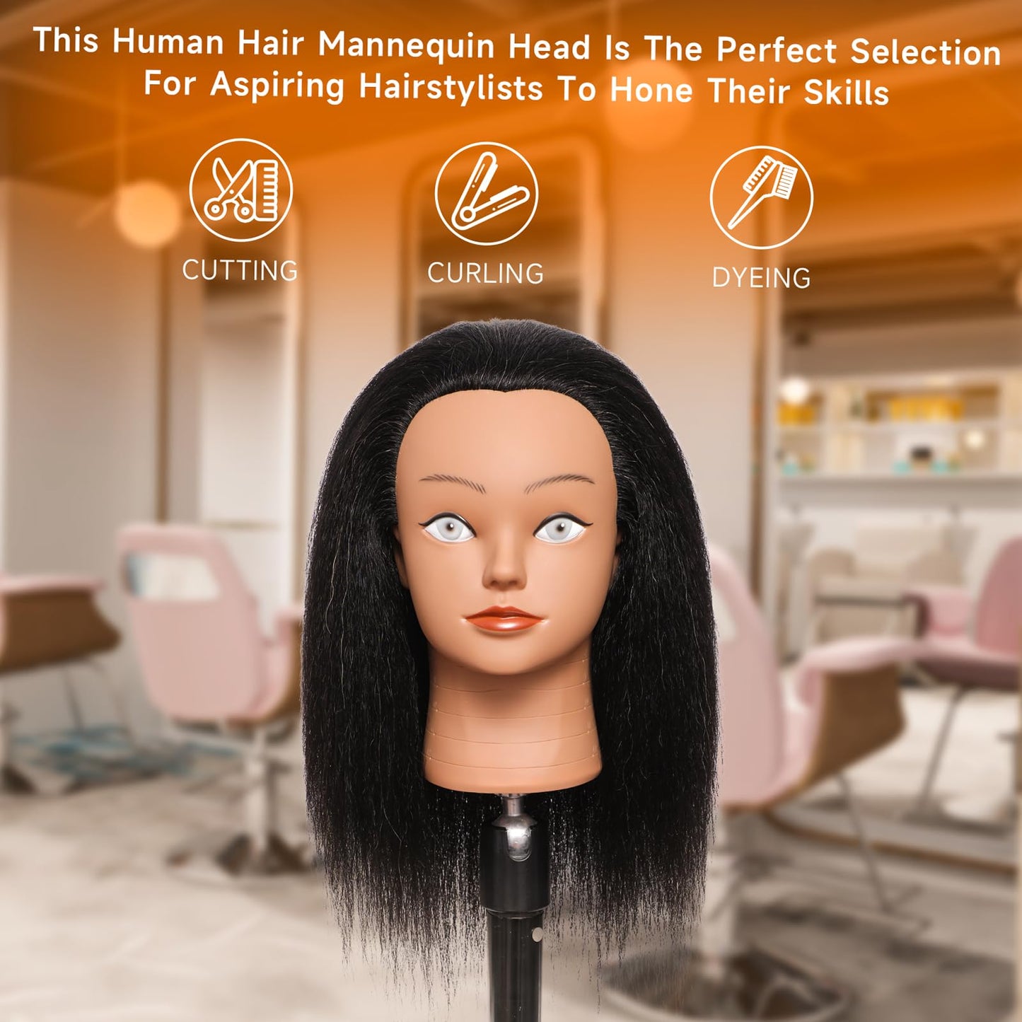 Mannequin Head Human Hair 14 inch Professional Styling Head Mannequin Head with Hair 100% Real Human Hair for Salon Training, Braiding & Cutting Free Adjustable Stand (Designers/Beginners/Schools)