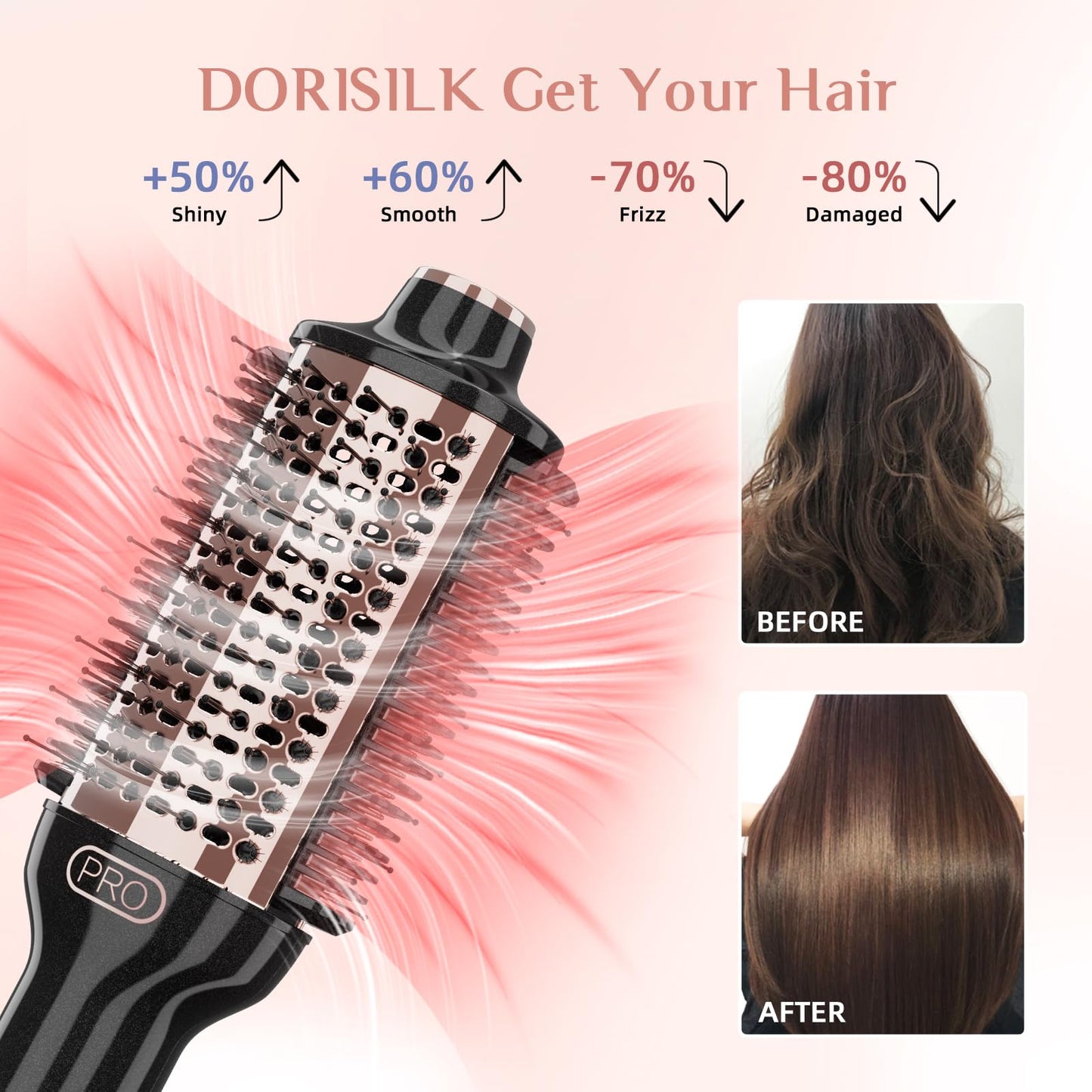 DORISILK 2.0 Upgraded Hair Dryer Brush Blow Dryer + Smooth Heated Comb, One Step Hot Air Brush Hair Straightener, 4 in 1 Blowout Hair Dryer and Styler Volumizer Straightener Curler, Rose Gold + Black