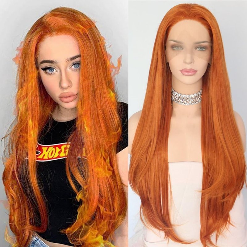 Orange Lace Front Wig - 13x4 Synthetic Natural Wave - 26 Inch Glueless Pre Plucked for Daily Cosplay & Halloween