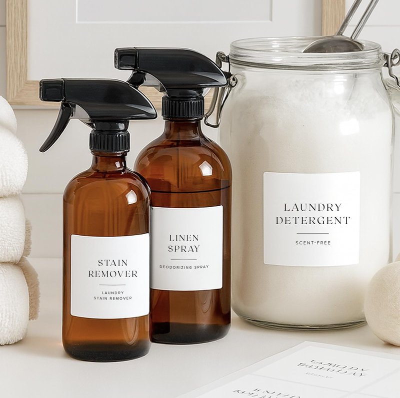 ThreeKin Collective Laundry & Home Organization Labels - 30 Waterproof & Reusable Stickers for Bottles, Jars, Containers | Easy Apply, Matte Minimalist Design | Dishwasher Safe, BPA-Free | USA-Owned