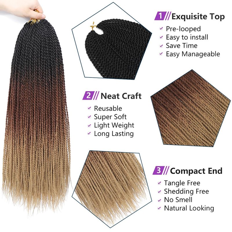 Senegalese Twist Crochet Hair - 7 Packs Pre-Looped Ombre Braiding Hair | 24 Inch, 1B/30/27