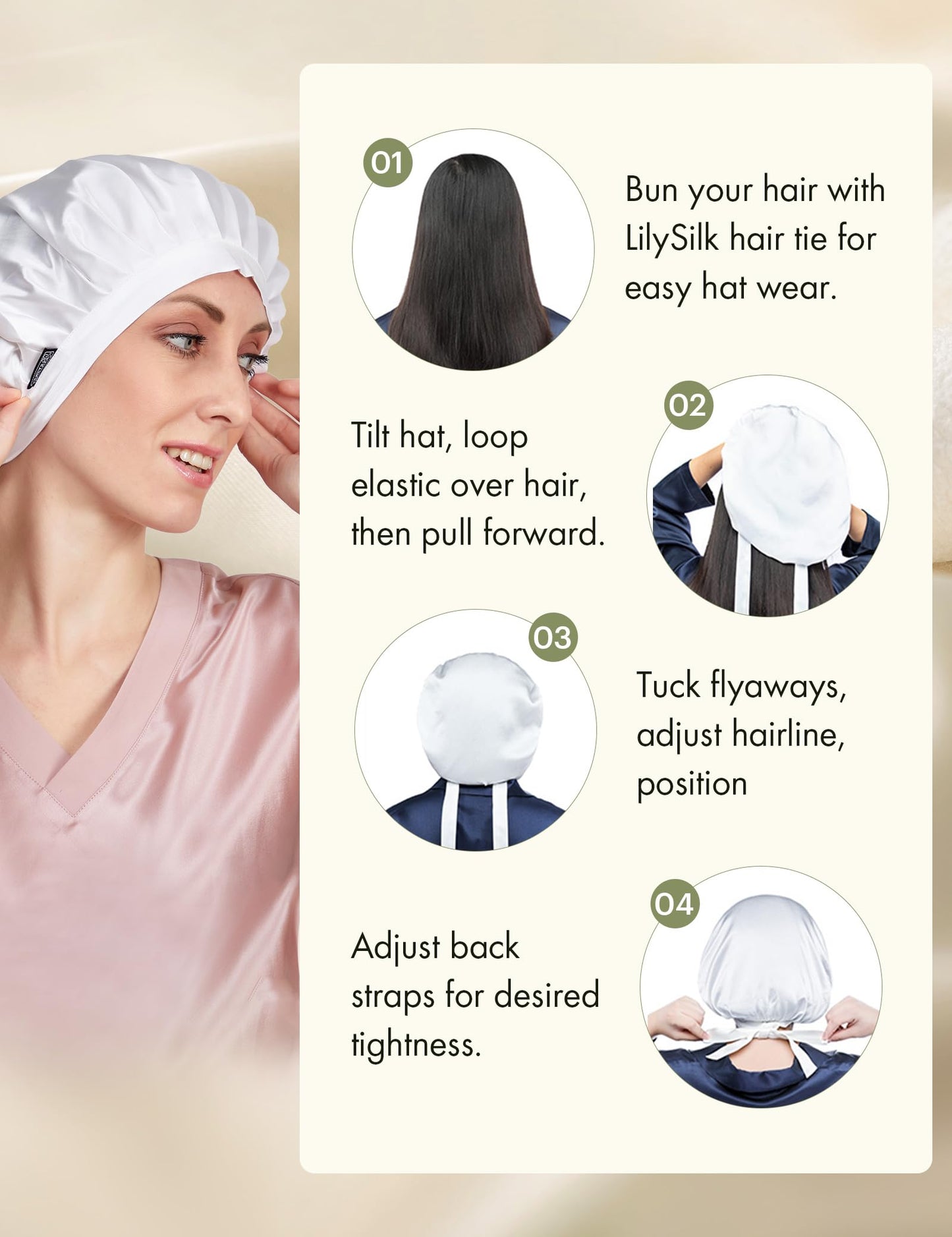 LILYSILK 100% Mulberry Silk Bonnet, 19 Momme Silk Night Sleep Cap Adjustable Hair Wrap for Sleeping, Ivory