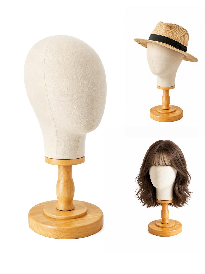 CHADWICK Wig Head Stand Mannequin Head Hat Display Stand Linen Wig Holder, Hat Rack Fabric Head, Canvas Dome + Detachable Wood Stand, Wig Display Model Head Wig Stand for Wigs, Hats, Caps, Headdress