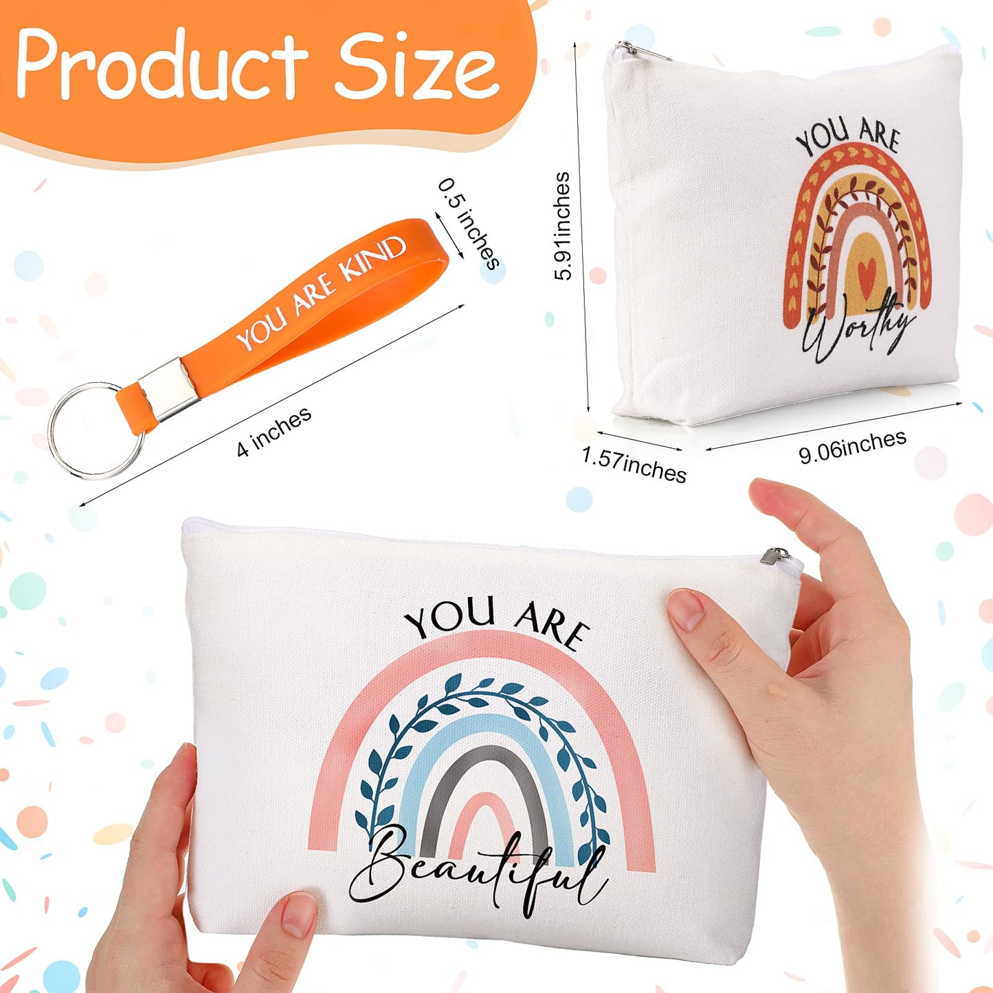 Fumete 60 Pcs Back to School Gift Bulk 30 Inspirational Rainbow Canvas Makeup Bag 30 Motivational Keychain Thank You Gift for Women Men Volunteer Nurse Teacher Appreciation Gifts
