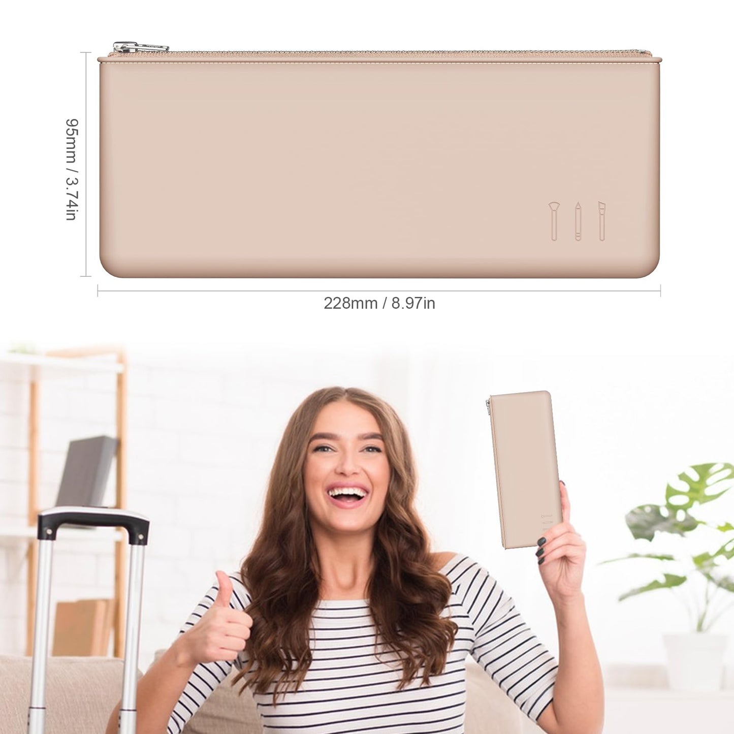 FERYES Silicone Makeup Brush Bag – Elegant Cosmetic Brushes Pouch Bag with YKK Zipper, Travel Makeup Tools Organizer Bag -Light Brown