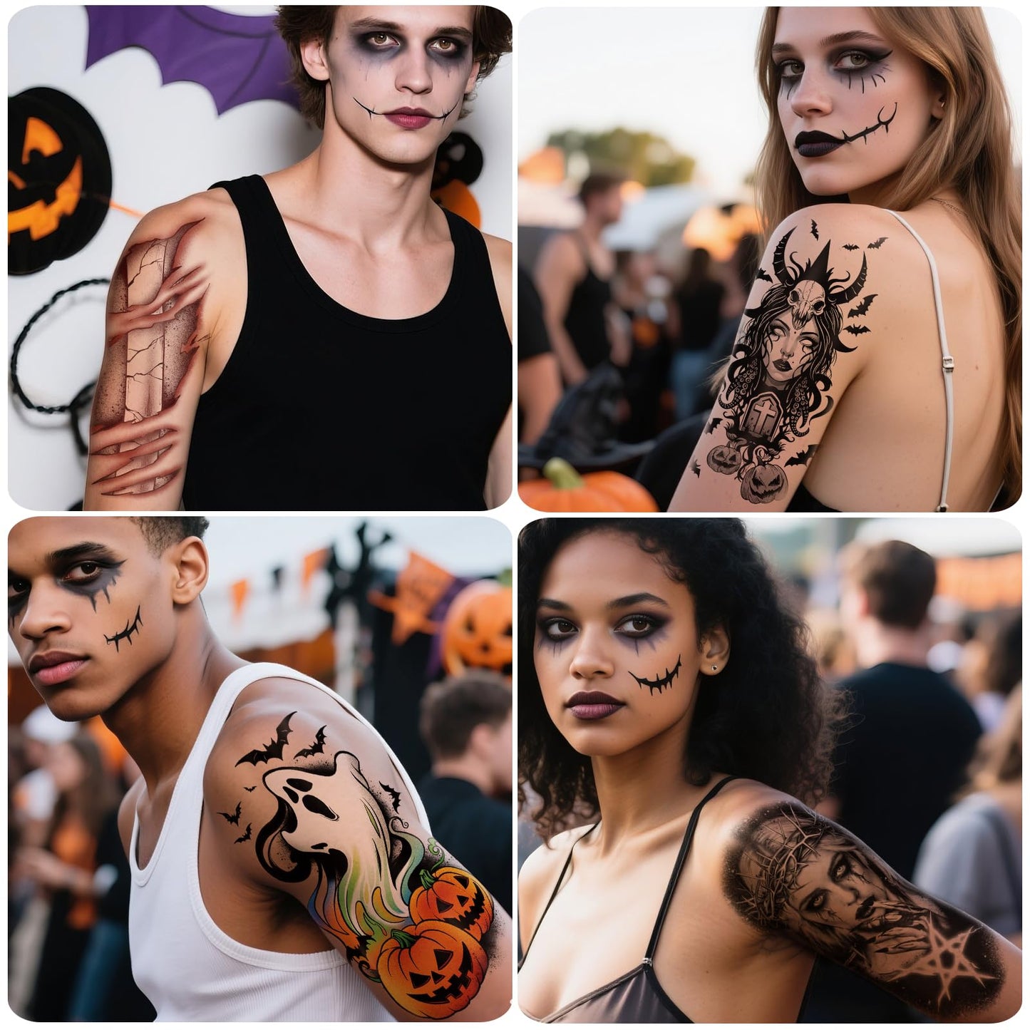 77 PCS Halloween Temporary Tattoos Adult Kids, 17 PCS Half Sleeve Pumpkin Bat Crow Witch Skull Fake Tattoos, 60 PCS Spider Cat Ghost Scar Tiny Realistic Face Body Tattoos Stickers