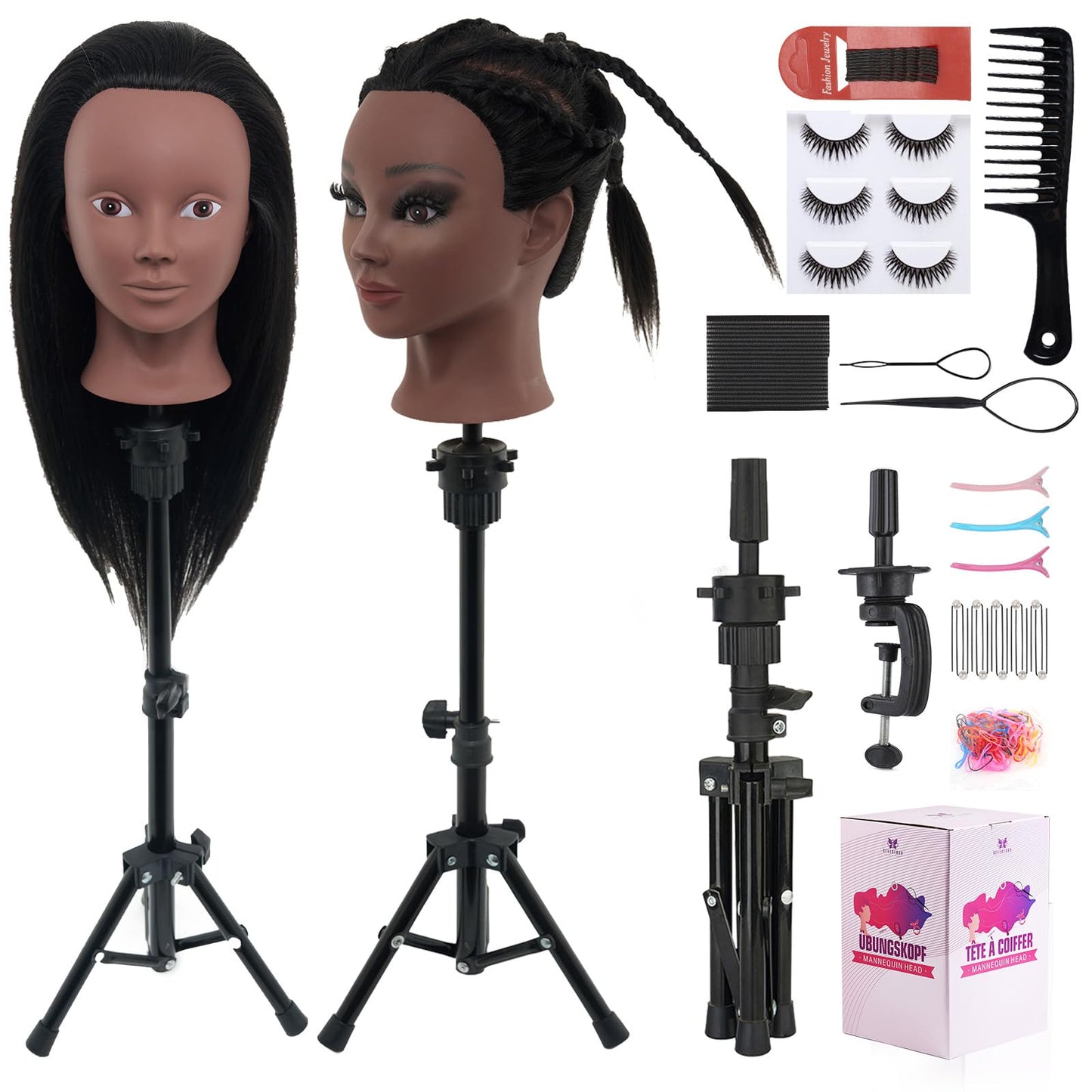 Mannequin Head 80% Human Hair with Tripod Stand, 28 Inch Makeup Cosmetology Manikin Head Braiding Mannequin Head with stand, Hairdressing Training Practice Doll Head for Hair Styling with Table Clamp