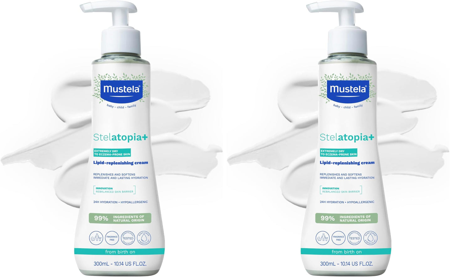 Mustela Stelatopia+-Lipid-Replenishing Cream-Moisturizer for Eczema-Prone Skin-With Natural Sunflower Oil and Prebiotic-EWG Verified-For Babies,Kids&Adults-Fragrance Free-10.14 fl oz,(Pack of 2)