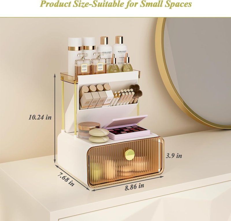 3 Tiers Makeup Organizer - Cosmetic Display with Drawer & Lipstick Holder | Amber Color for Vanity & Bathroom