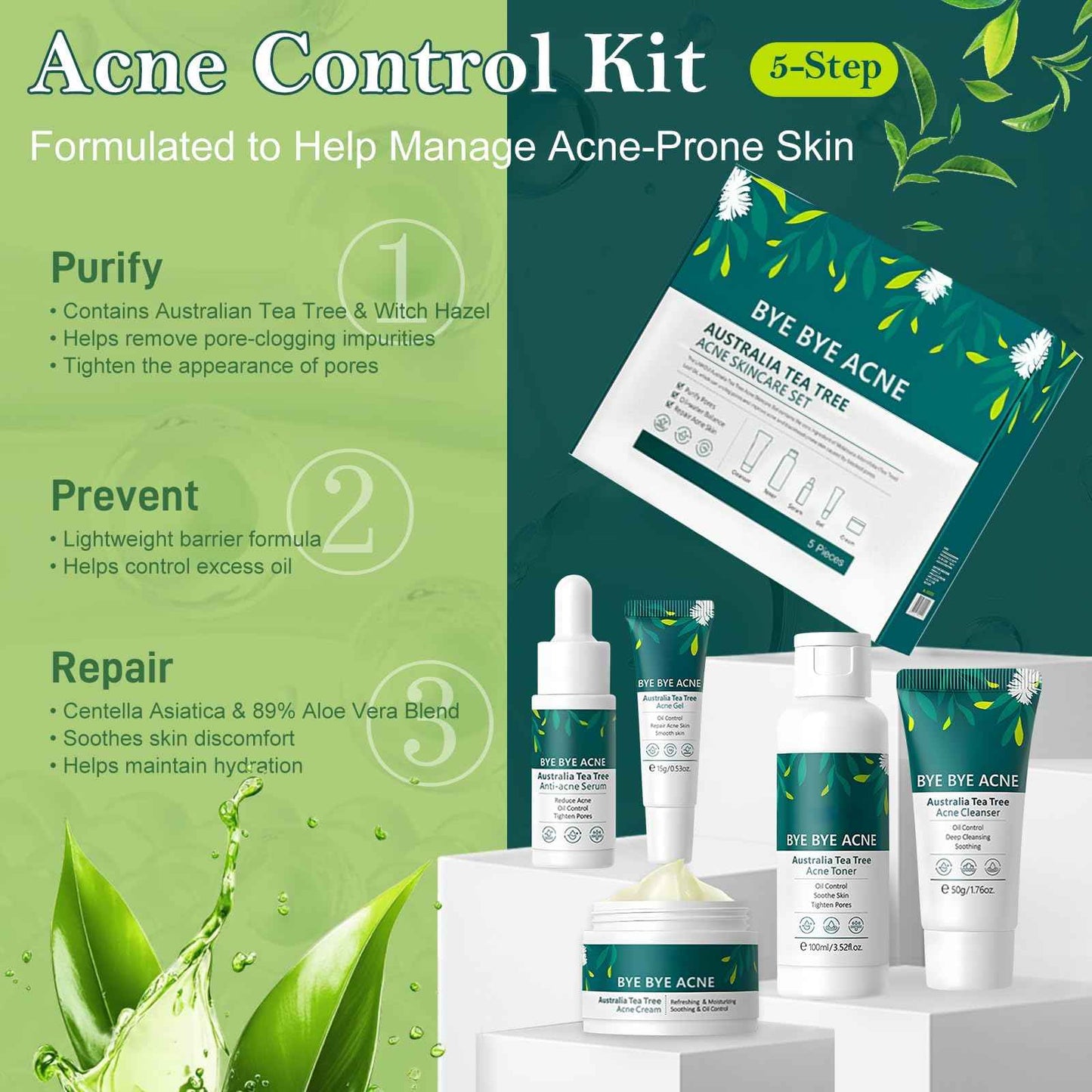 Skin Care Set,Acne Treatment for Face Skin Care Sets & Kits,Tea Tree Essential Oil Facial Skincare Gift Set with Cleanser,Toner,Serum,Gel, Acne Treatment Kit Cream Skin Care for Teens 10-12 Girls Boys