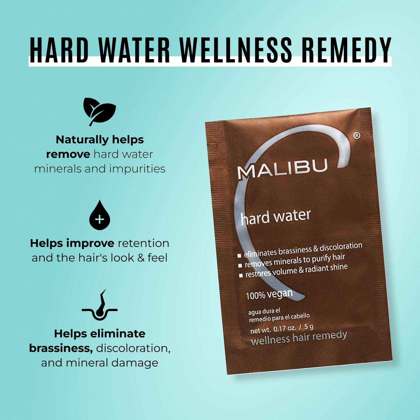 Malibu C Hard Water Hair Remedy - Chelating Treatment Packets for Mineral Buildup & Scalp Detox - Removes Deposits, Prevents Discoloration, Restores Shine - Vegan Hair Care Products, 3 Packets