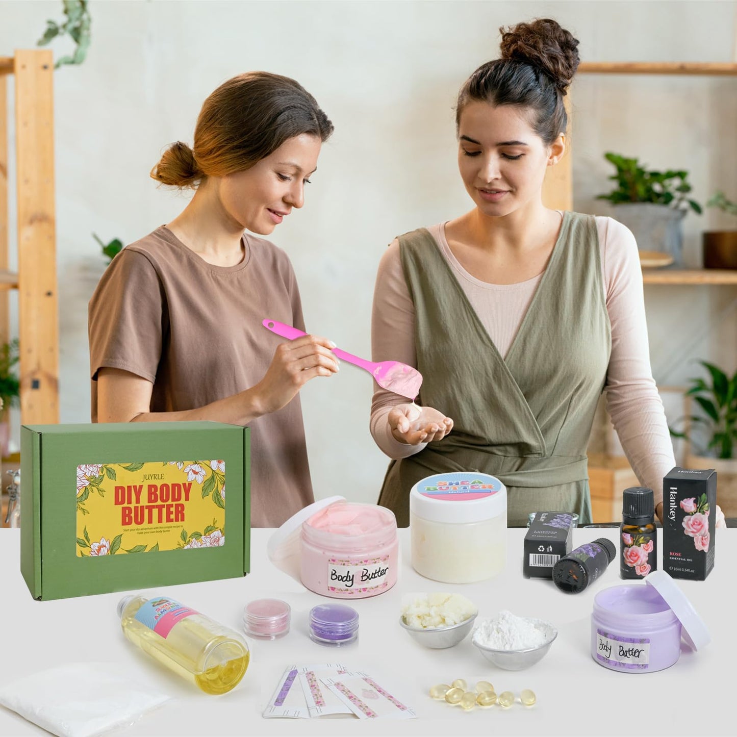 JUYRLE Body Butter Making Kit- Shea Butter Lotion Making Kit, DIY Crafts for Adults with Organic Shea Butter, Sweet Almond Oil, Mica Powder, Natural Whipped Body Butter Maker Skin Care Gifts for Women