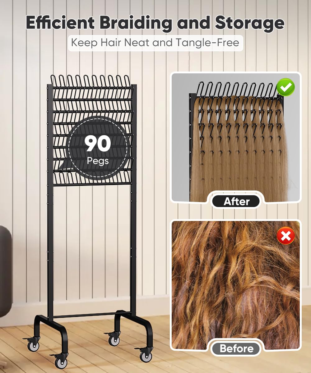 Tigerden 90 Pegs Braiding Hair Rack, Adjustable Metal Hair Separator Stand with Wheels, Hair Extension Holder for Hair Stylists, Braiders, Home, Salon, Beauty School, Black