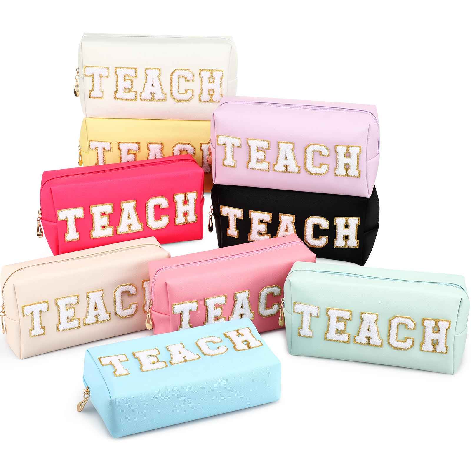 Chunful 9 Pieces Preppy Makeup Bag Bulk Chenille Letters Patch Cosmetic Bag PU Leather Waterproof Toiletry Travel Pencil Case Pouch for Women Traveling Purse (Colorful Color,Teach)