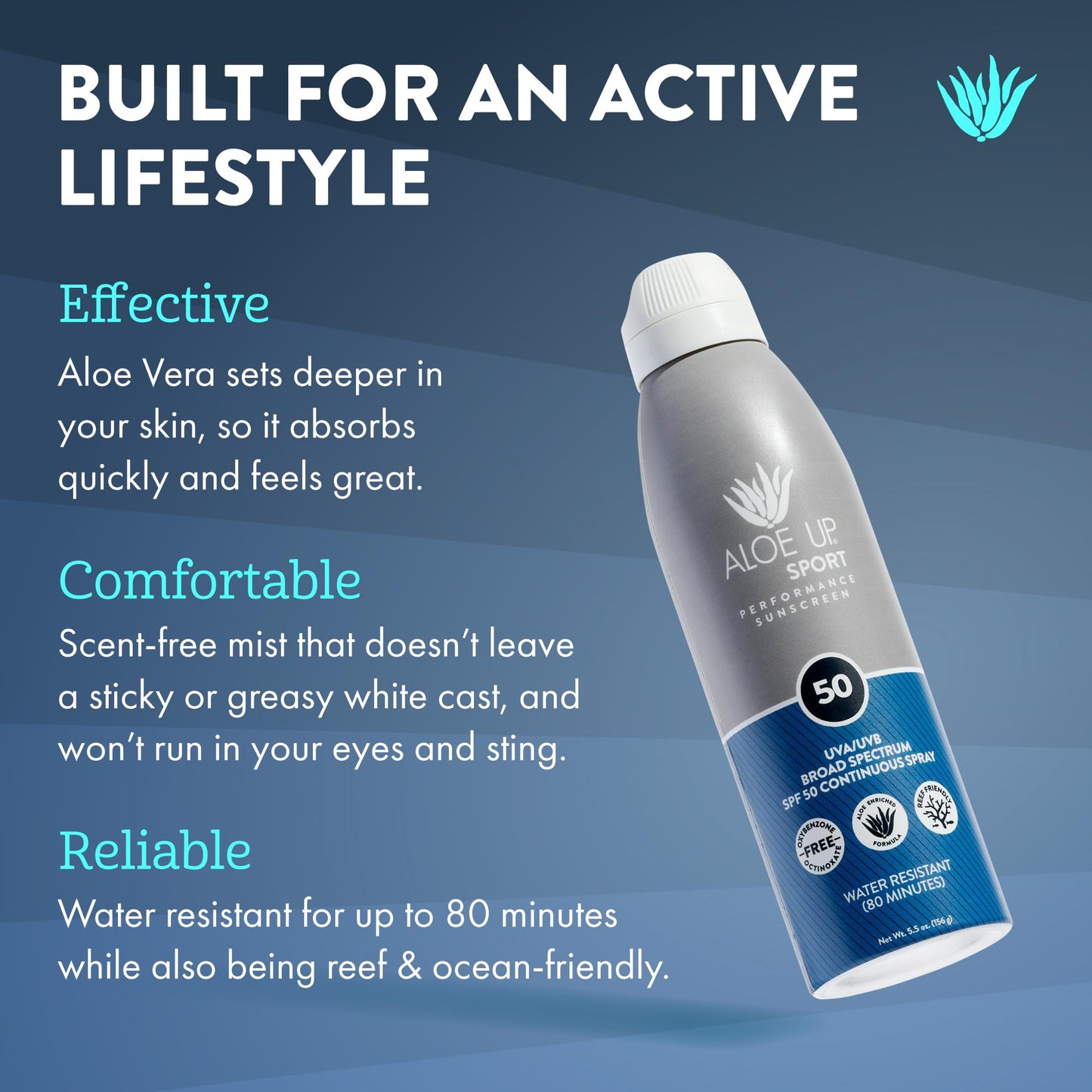 Aloe Up Sport Spray Sunscreen SPF 30 – Broad Spectrum Sunblock with Hydrating Aloe Vera Gel – Fast Absorbing, No White Cast, Reef Friendly, Water Resistant for up to 80 Minutes, Fragrance Free – 6 Oz
