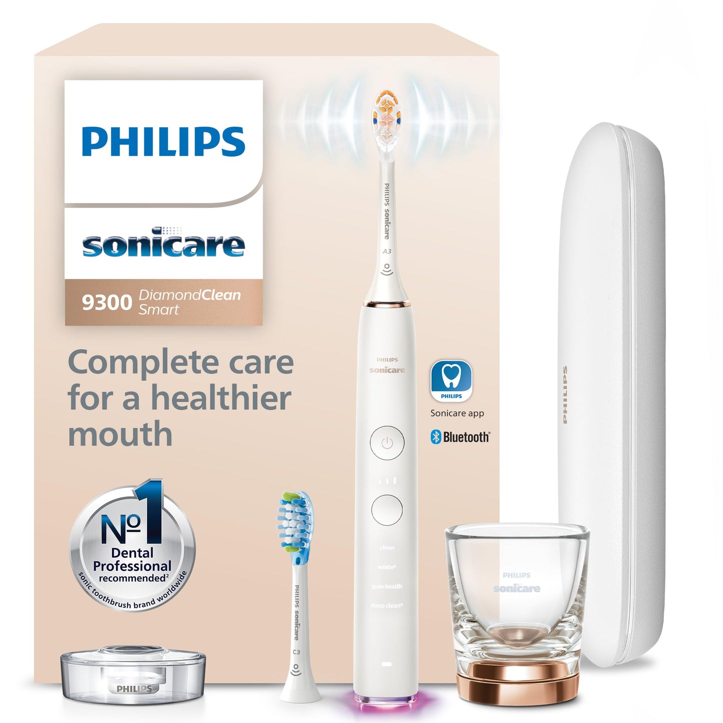 Philips Sonicare DiamondClean Smart 9300 Electric Toothbrush - Sonic Toothbrush with App, Pressure Sensor, 12 Brushing Settings, Replacement Reminder, Travel Case, Rose Gold, Model HX9903/65