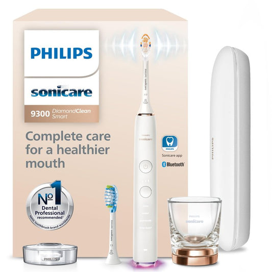 Philips Sonicare DiamondClean Smart 9300 Electric Toothbrush - Sonic Toothbrush with App, Pressure Sensor, 12 Brushing Settings, Replacement Reminder, Travel Case, Rose Gold, Model HX9903/65