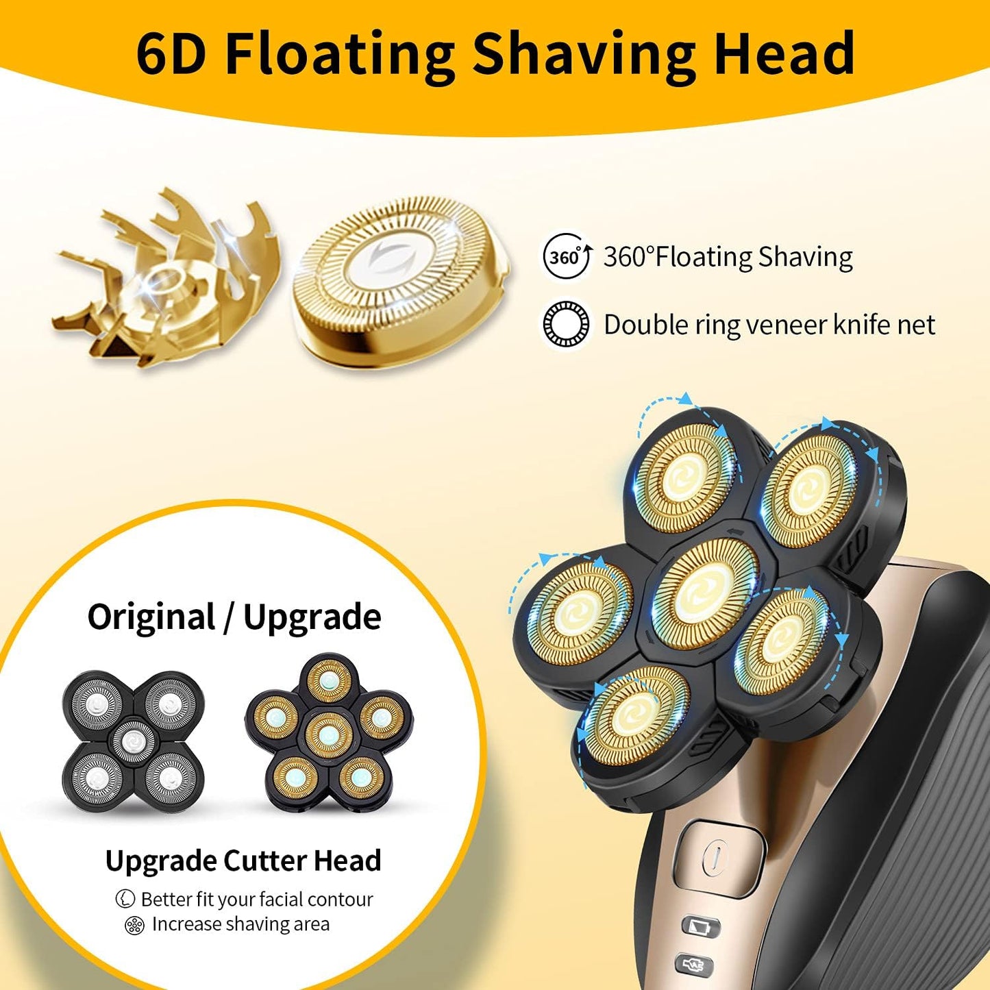 Multifunctional Head Shaver for Men - Waterproof Cordless Electric Razor Grooming Kit | Rechargeable Gold