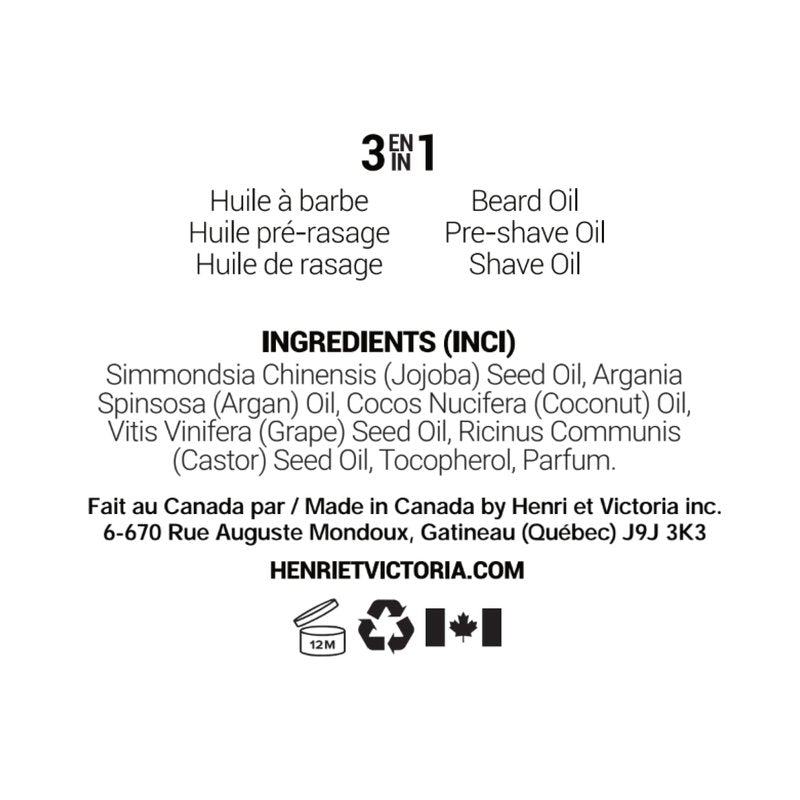 HENRI ET VICTORIA Beard Oil Cognac and Cuban Cigars Fragrance | Canadian Made by Skilled Artisan | Moisturizing, Non-Greasy, Natural Ingredients | 28g (1oz)