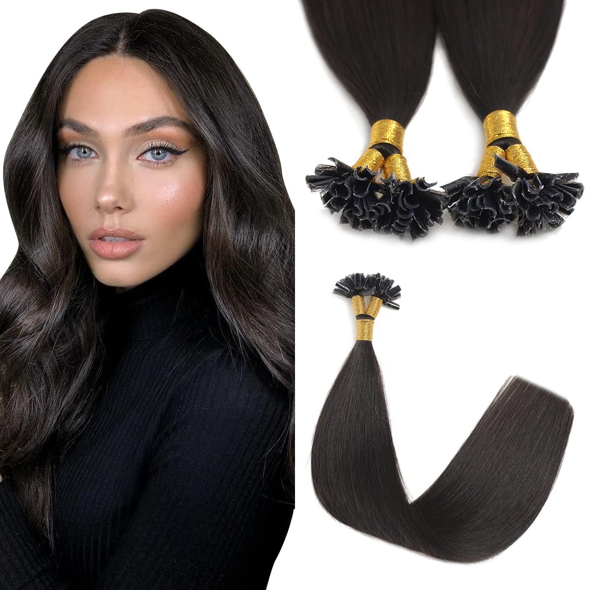 Sindra U Tip Hair Extensions - 18 Inch Natural Black Keratin Human Hair | 50 Strands Hot Fusion U-Tip