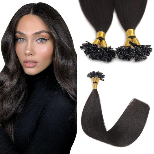 Sindra U Tip Hair Extensions - 18 Inch Natural Black Keratin Human Hair | 50 Strands Hot Fusion U-Tip