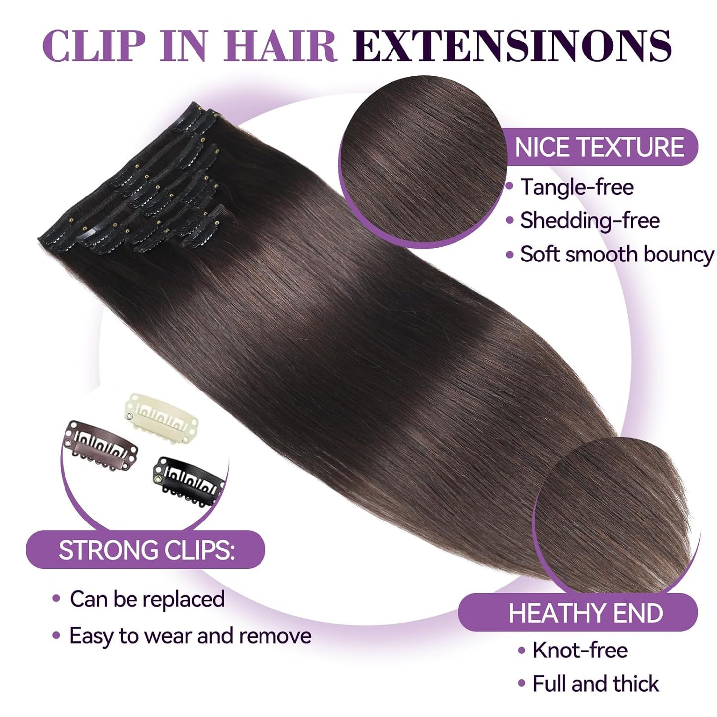 Real Human Hair Clip-In Extensions - 16 Inch, 90g Seamless Double Weft, Dark Brown | 8 Pieces