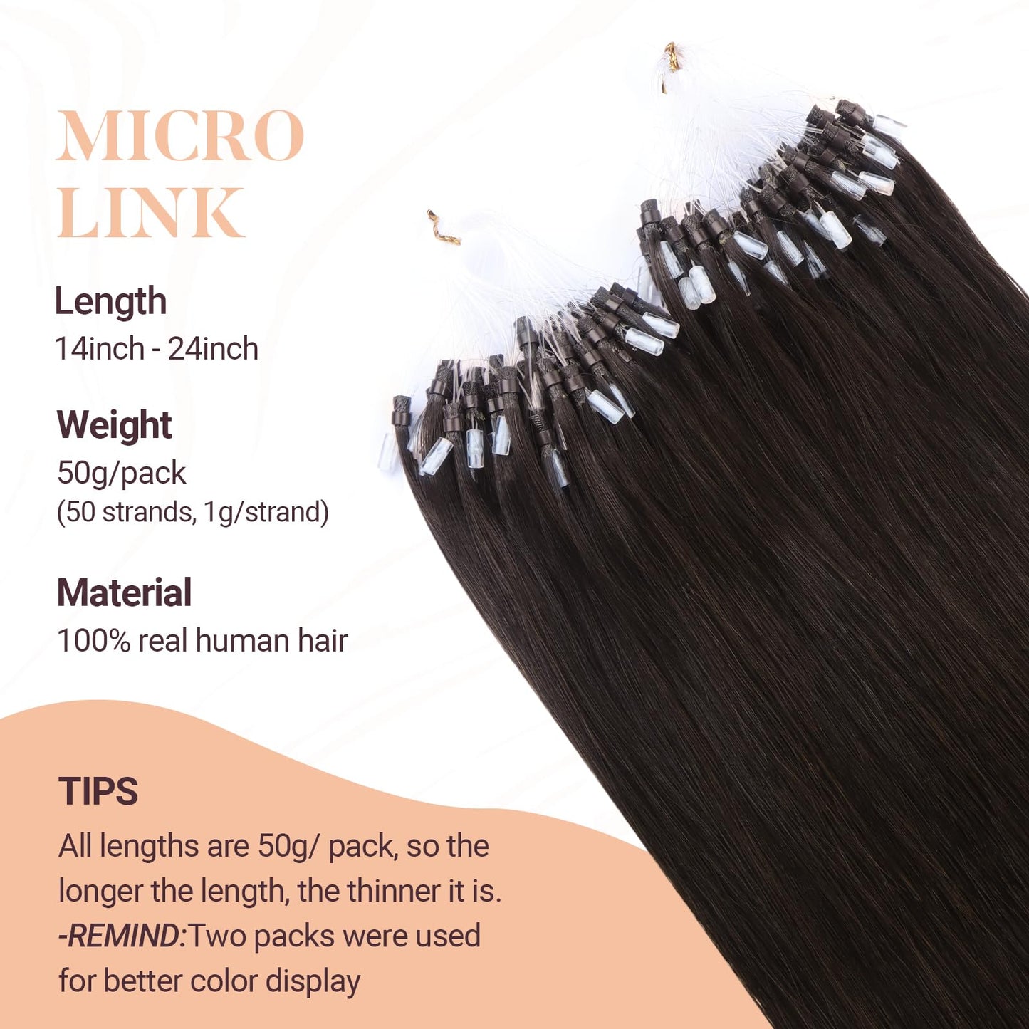 MAXITA Microlink Hair Extensions Human Hair Dark Brown Micro Bead Hair Extensions Real Human Hair, 50g/50 Strands/Pack, 16 In