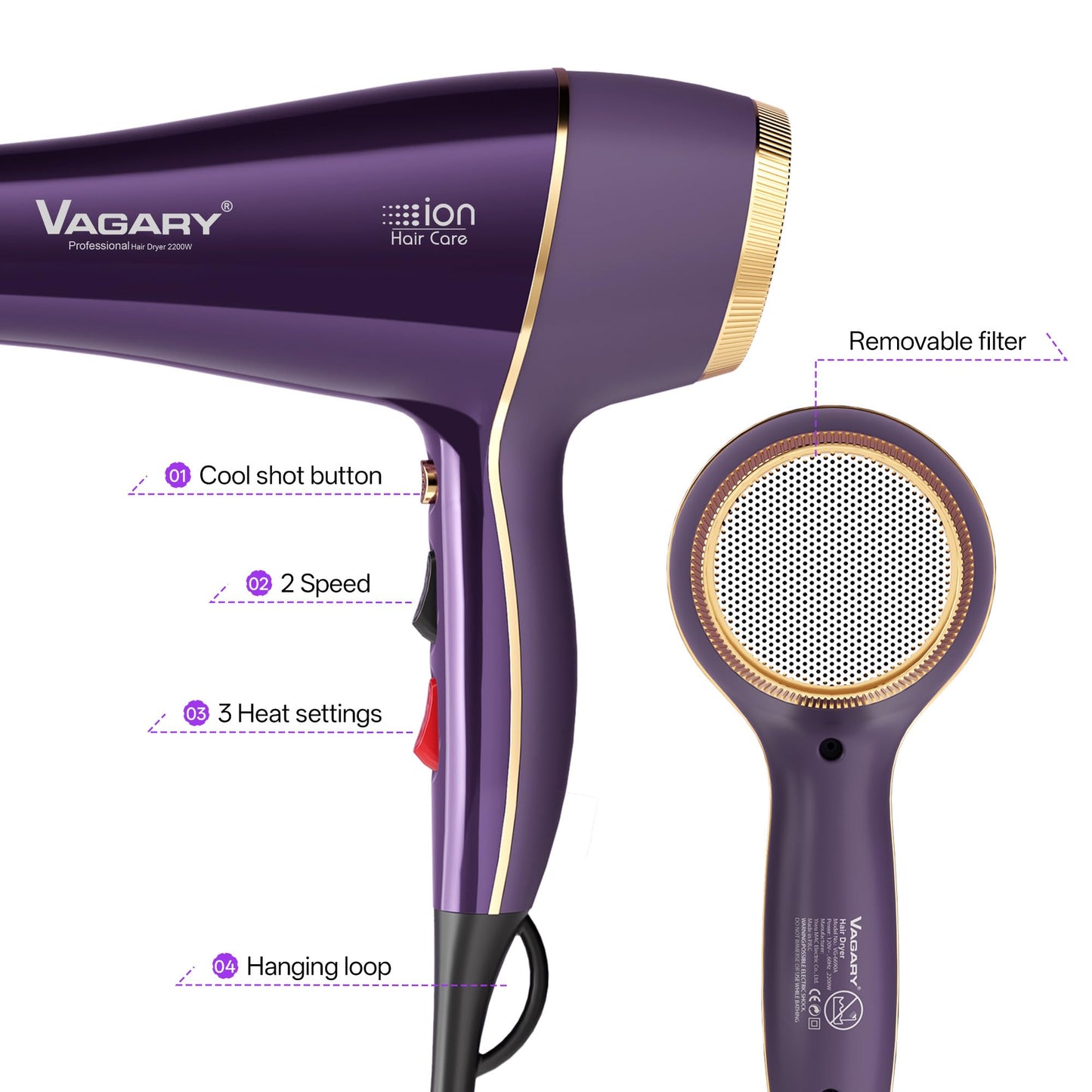 VAGARY Hair Dryer with Diffuser Concentrator, 2200W Professional Salon Ionic Blow Dryer for Frizz Free Smooth Hair, Featuring 2 Speeds and 2 Heat Settings, Cool Shot Button（Purple）
