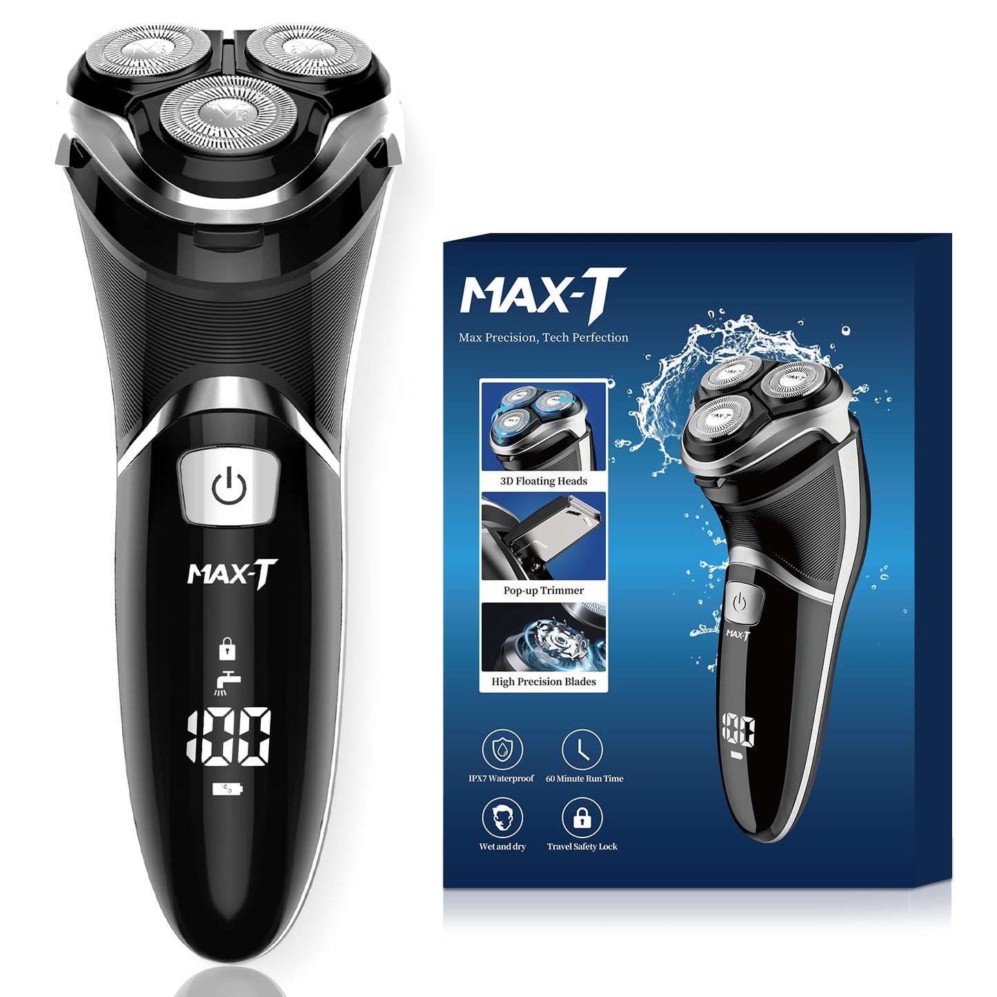 Men's Electric Shaver - MAX-T Corded and Cordless Rechargeable 3D Rotary Shaver Razor for Men with Pop-up Sideburn Trimmer Wet and Dry