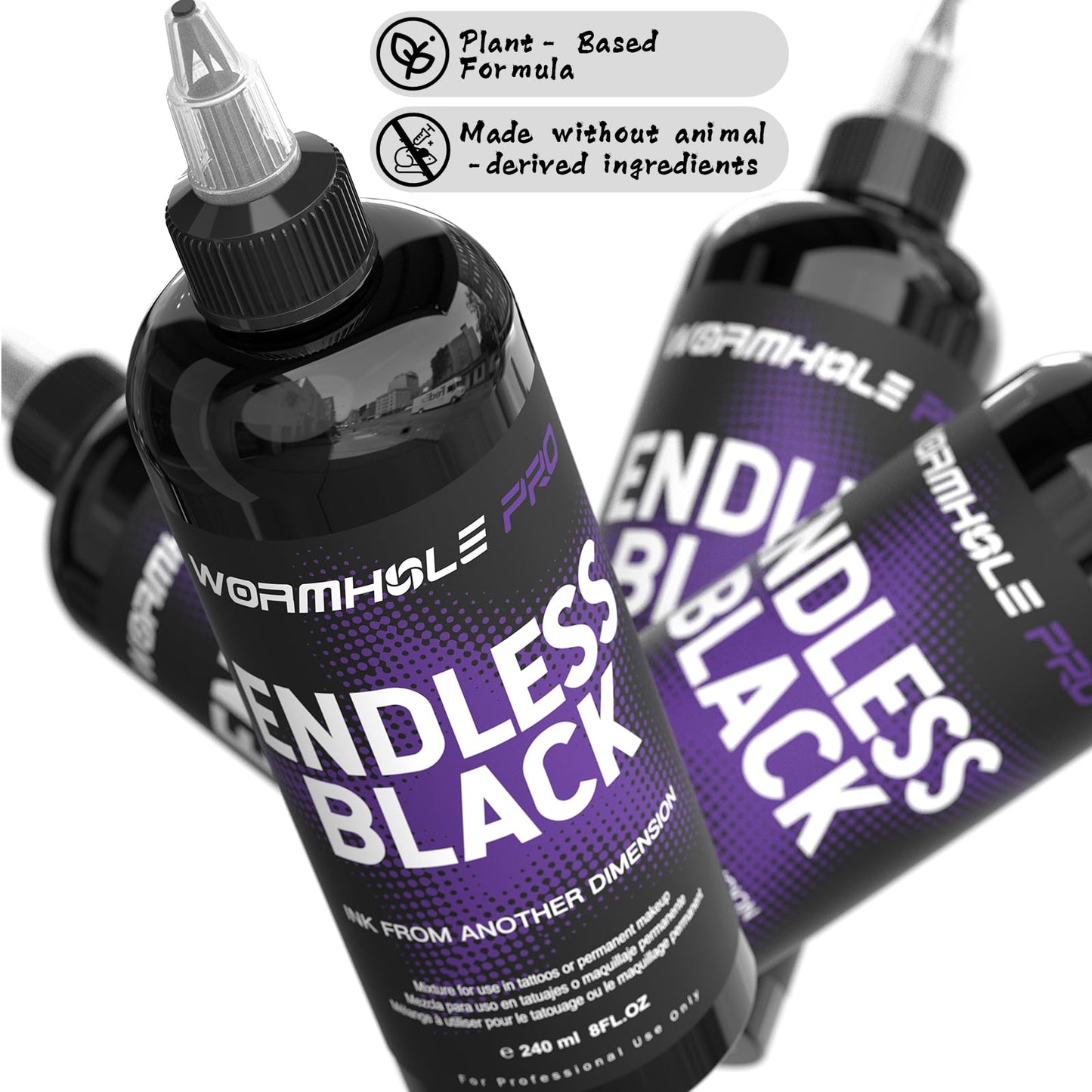 WORMHOLEPRO Endless Black 240ml (8oz) Professional Tattoo Ink, Ultra-Deep Black Ink for Shading, Linework & Blackout Tattoos – High-Density, Vegan – Bulk Tattoo Ink